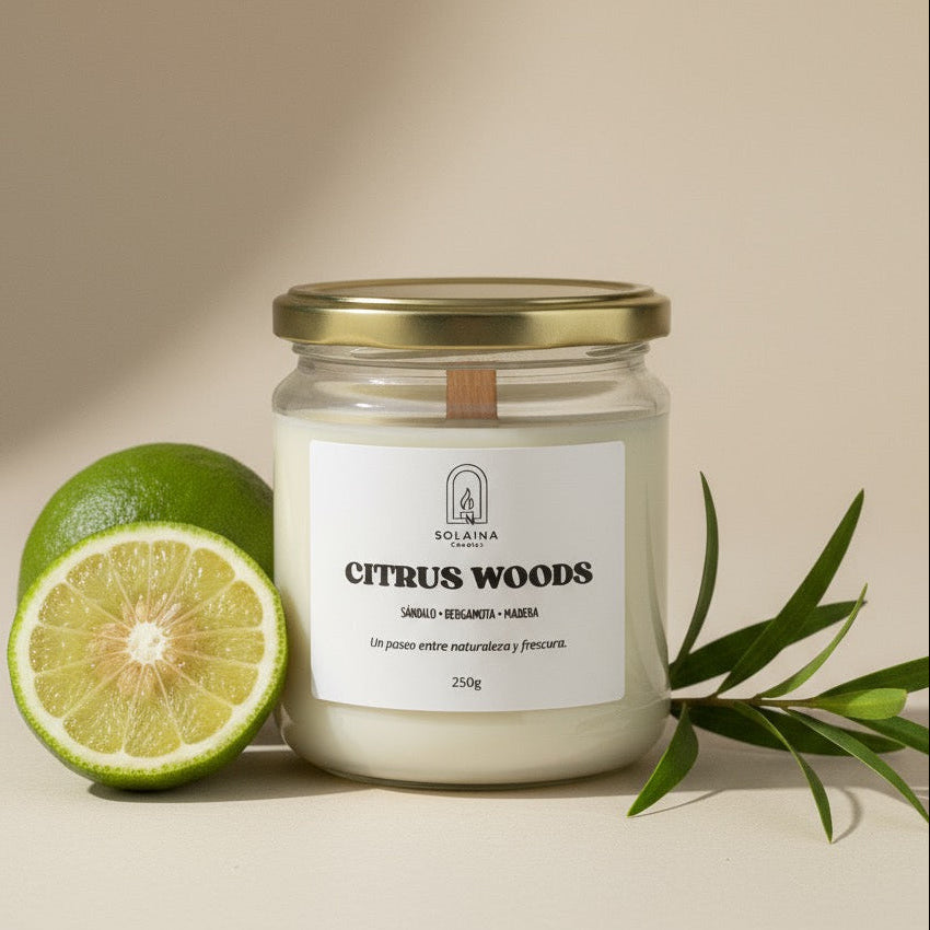 Vela aromática soja bergamota sándalo solaina candles
